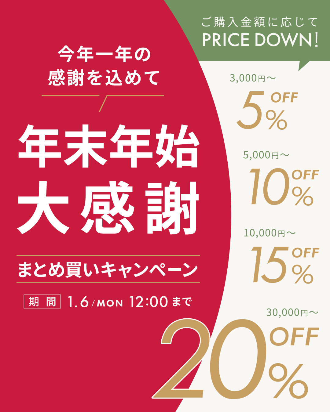 ＜キャンペーン＞今年一年の感謝を込めて年末年始大感謝 まとめ買いでMAX20％OFF！！